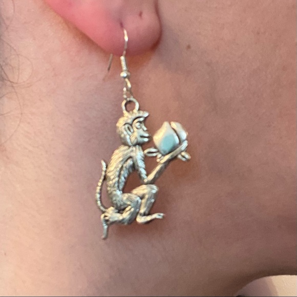 Hand Crafted Earrings Silver Monkey Long Dangle Cute Ape Pierced Simian - Picture 3 of 4